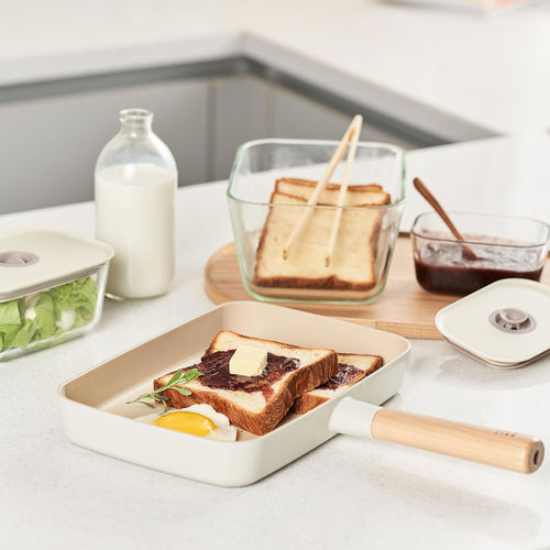 Chảo chiên chữ nhật Neoflam Fika 29cm, thành cao 5,5cm, cán gỗ 17cm, nắp kính. Hàng có sẵn giao ngay