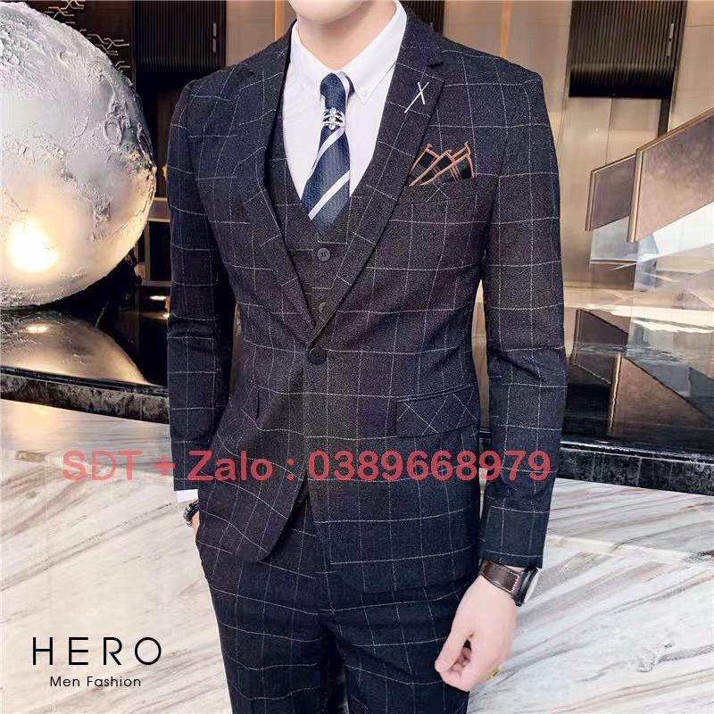 Bộ Vest Nam Cao Cấp Kẻ Caro, Bộ Suit Nam Hàn Quốc Kẻ Caro đen