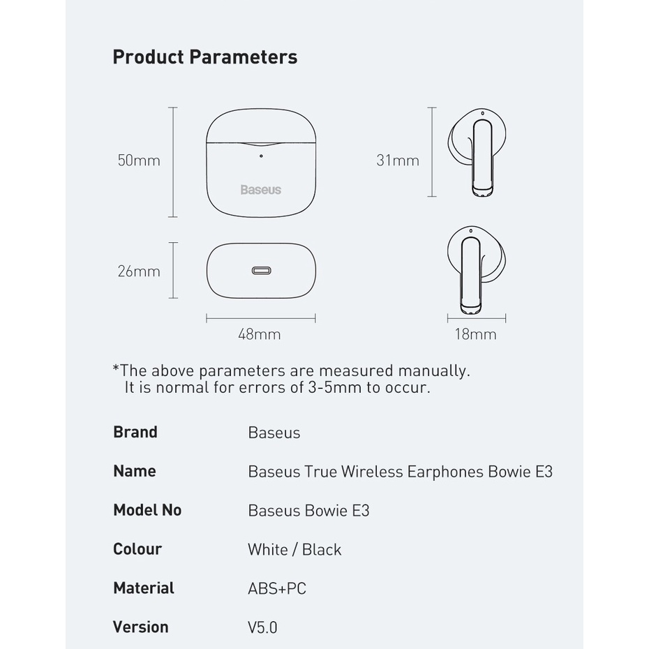 Tai Nghe Nhét Tai Bluetooth 5.0 Baseus E3 TWS Sạc 10p Dùng 2h Kết Nối Chỉ 0.06 Giây Pin Khủng Nghe Đến 25h - Hàng Chính Hãng