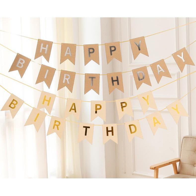 Dây chữ trang trí sinh nhật cho bé trai, bé gái, người lớn Happy Birthday ánh kim, lá cờ - BOBABO