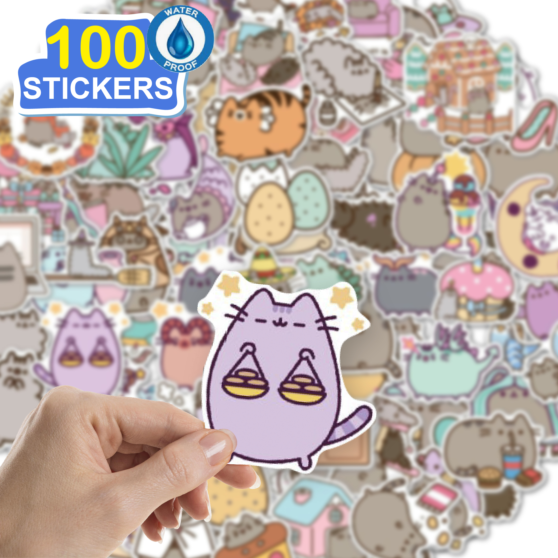 100 Stickers hoạt hình mèo ú hình dán dễ thương trang trí laptop, điện thoại, ipad, cốc nước, sổ tay, vali du lịch, scooter, ván trược - Chống thấm nước - FiDi