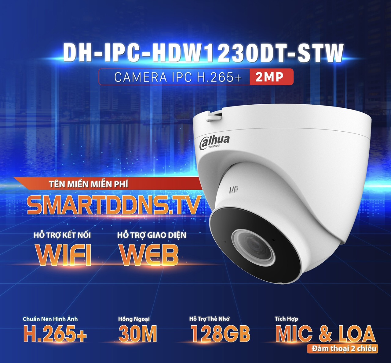 Camera IP Wifi DAHUA DH-IPC-HDW1230DT-STW 2M 1080P, Đàm thoại 2 chiều, hỗ trợ thẻ nhớ 128Gb - hàng chính hãng