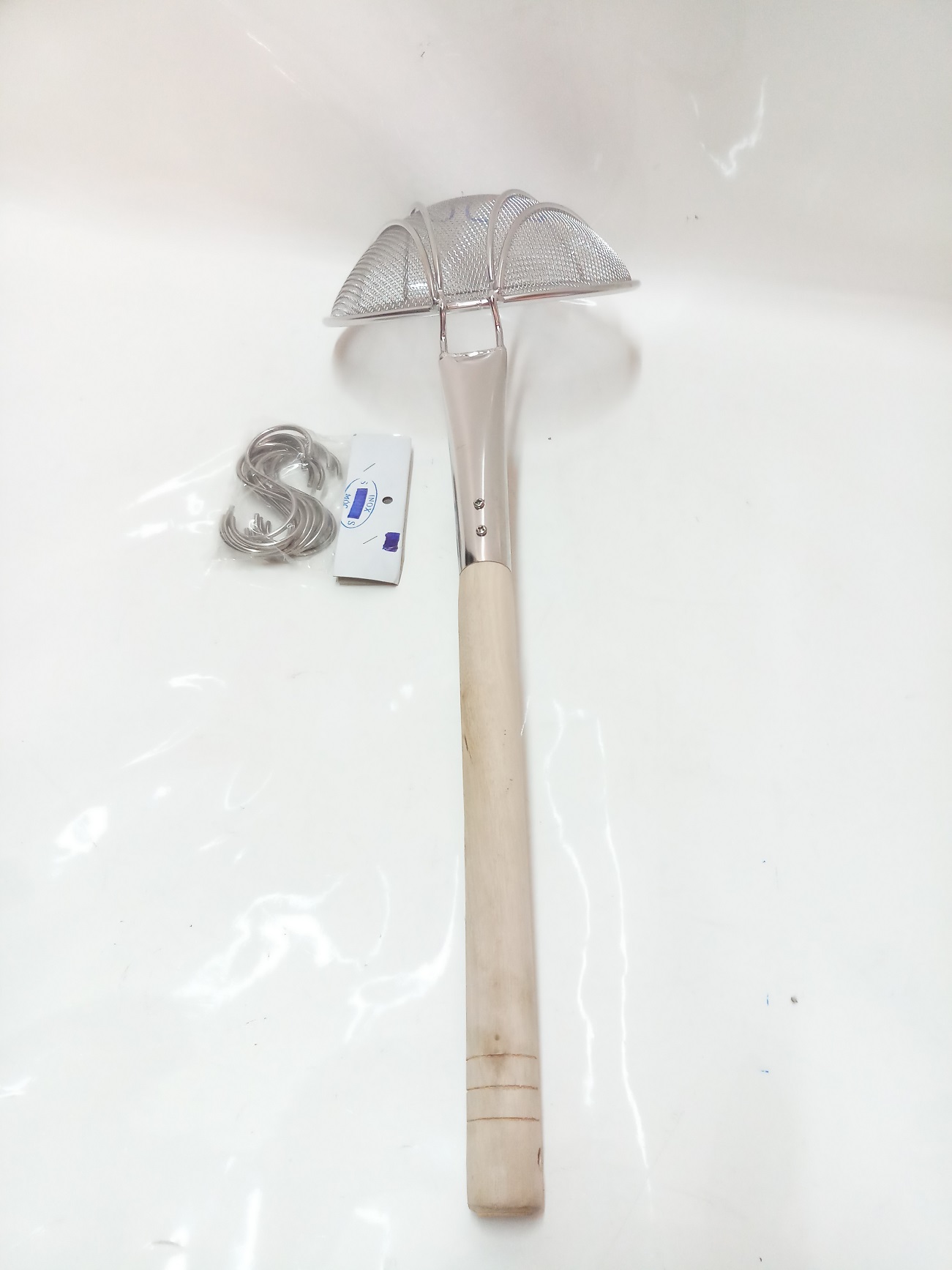 COMBO 1 VỢT INOX Ô VUÔNG CÁN GỖ TRÒN+10 MÓC S INOX.