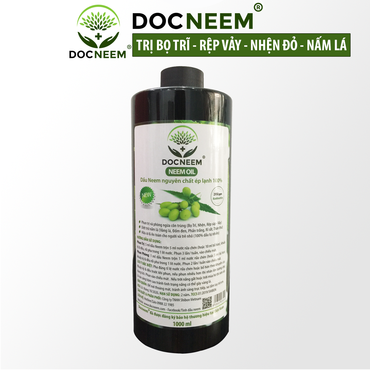 Neem oil nguyên chất DOCNEEM hữu cơ an toàn, phòng trị sâu bệnh hoa hồng, phong lan, cây cảnh, ép lạnh 1 Lít