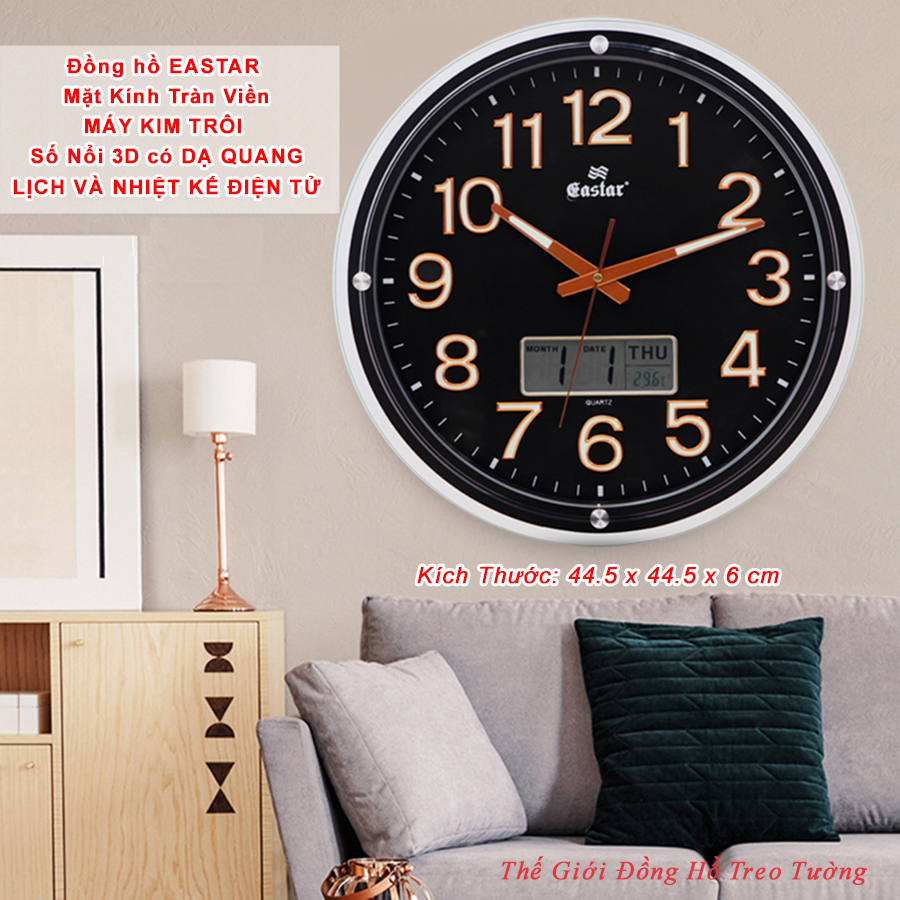 Đồng Hồ Treo Tường EASTAR Cao Cấp Kim Điện Tử DẠ QUANG KIM TRÔI Mặt Tròn 44,5cm, LỊCH Vạn Niên Và NHIỆT KẾ Điện Tử, Mặt Kính Tràn Viền