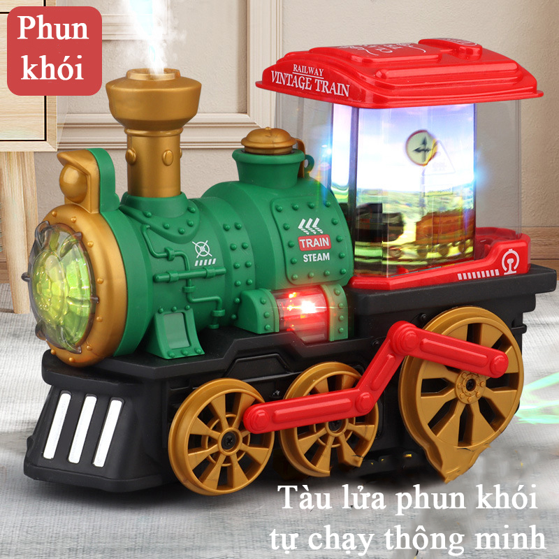Đồ chơi xe lửa cổ điển phun được khói có nhạc và đèn tự chạy kèm đèn ảnh