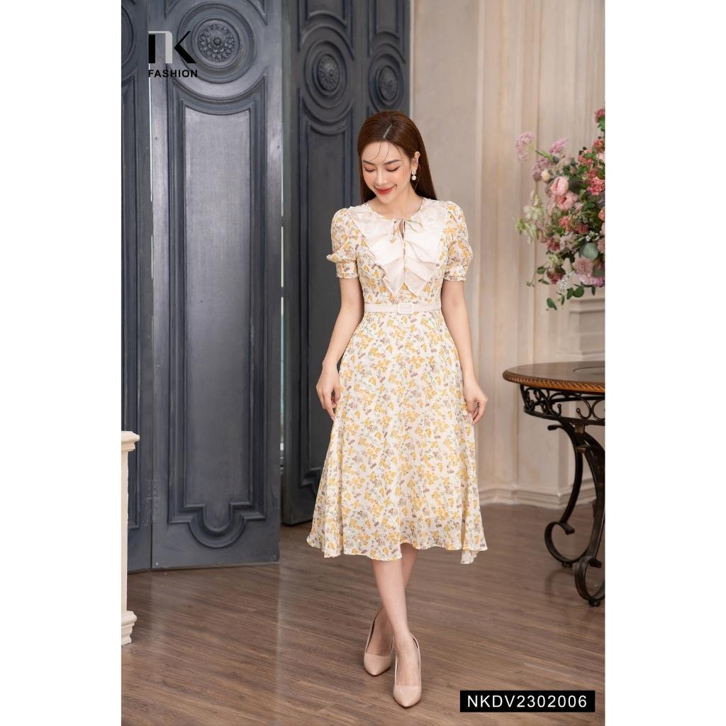 Đầm Hoa NK FASHION Thiết Kế Đai Bọc Cổ Phối Bèo Điệu Đà Thanh Lịch Chất Vải Nhập Hàn Cao Cấp NKDV2302006
