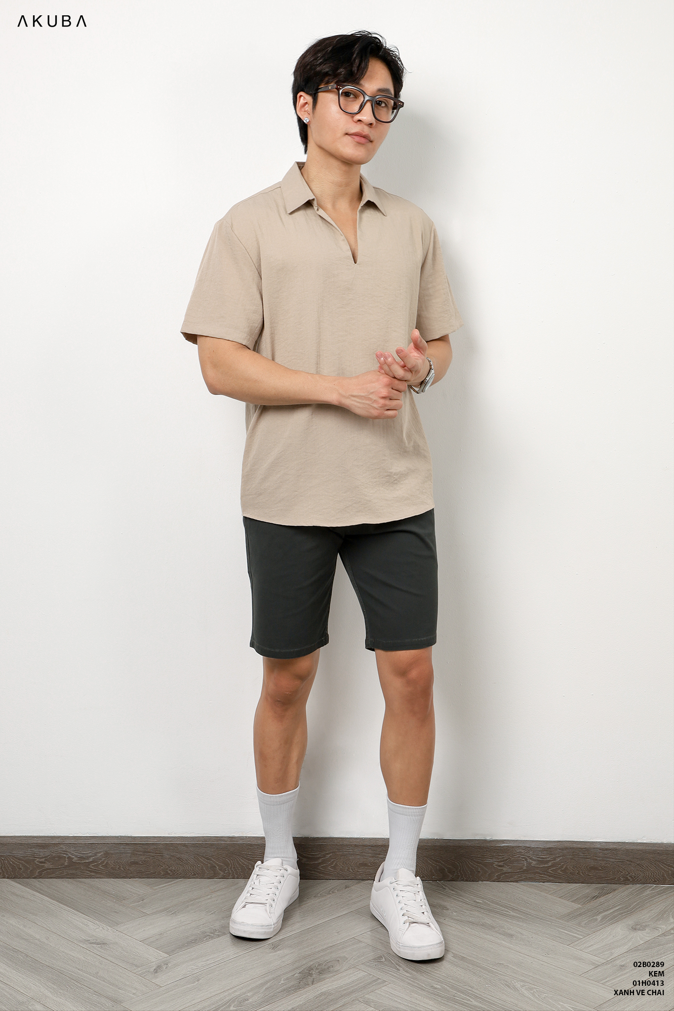 Áo linen nam có cổ tay ngắn trơn AKUBA form regular, vải linen nhẹ, thấm hút cực tốt, thân thiện môi trường 02B0289