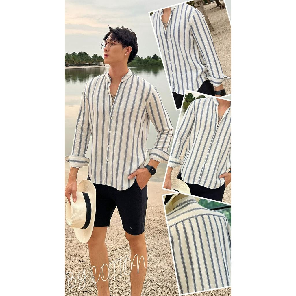 Áo Sơ Mi Nam Dài Tay Xanh Phối Sọc BY COTTON Linen Blue Stripes Shirt