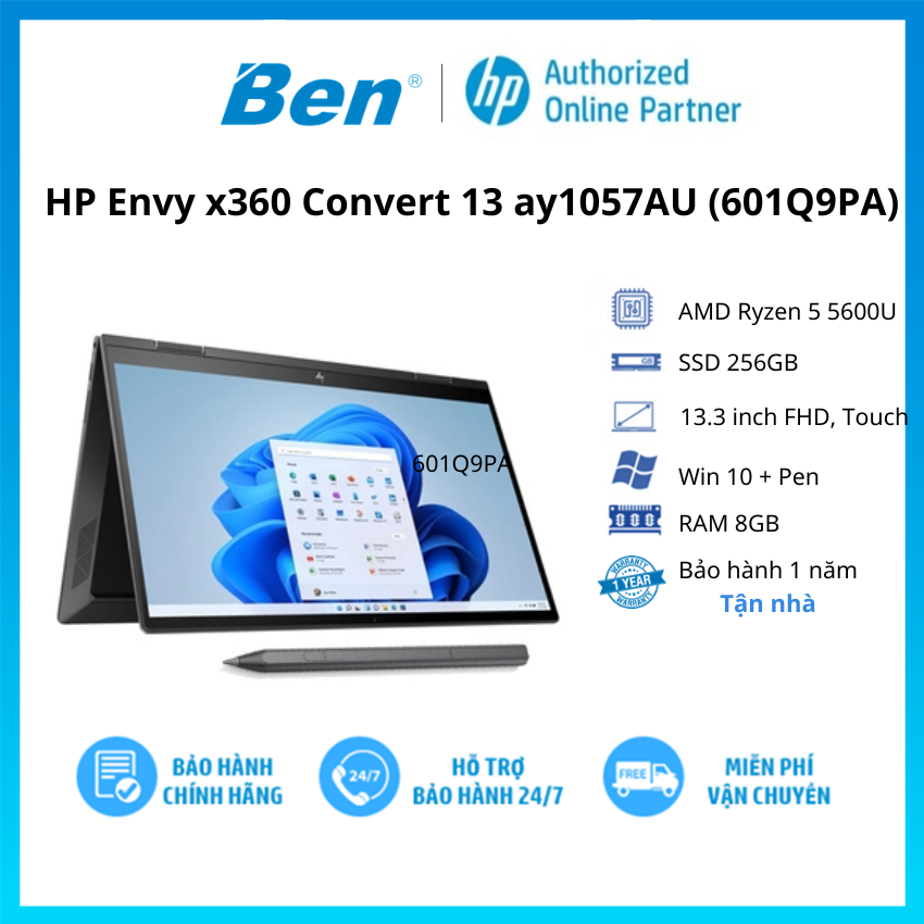 Laptop HP Envy x360 Convert 13 ay1057AU R5 5600U/8GB/256GB/13.3"F/Touch/Pen/Win11//Đen - Hàng chính hãng