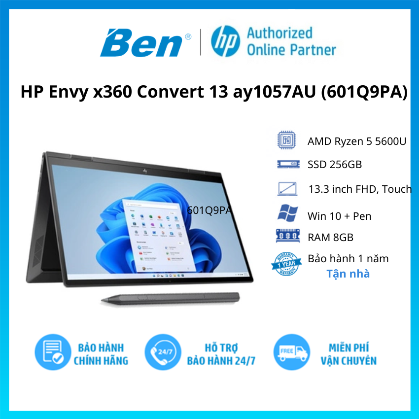 Laptop HP Envy x360 Convert 13 ay1057AU R5 5600U/8GB/256GB/13.3"F/Touch/Pen/Win11/(601Q9PA)/Đen - Hàng chính hãng