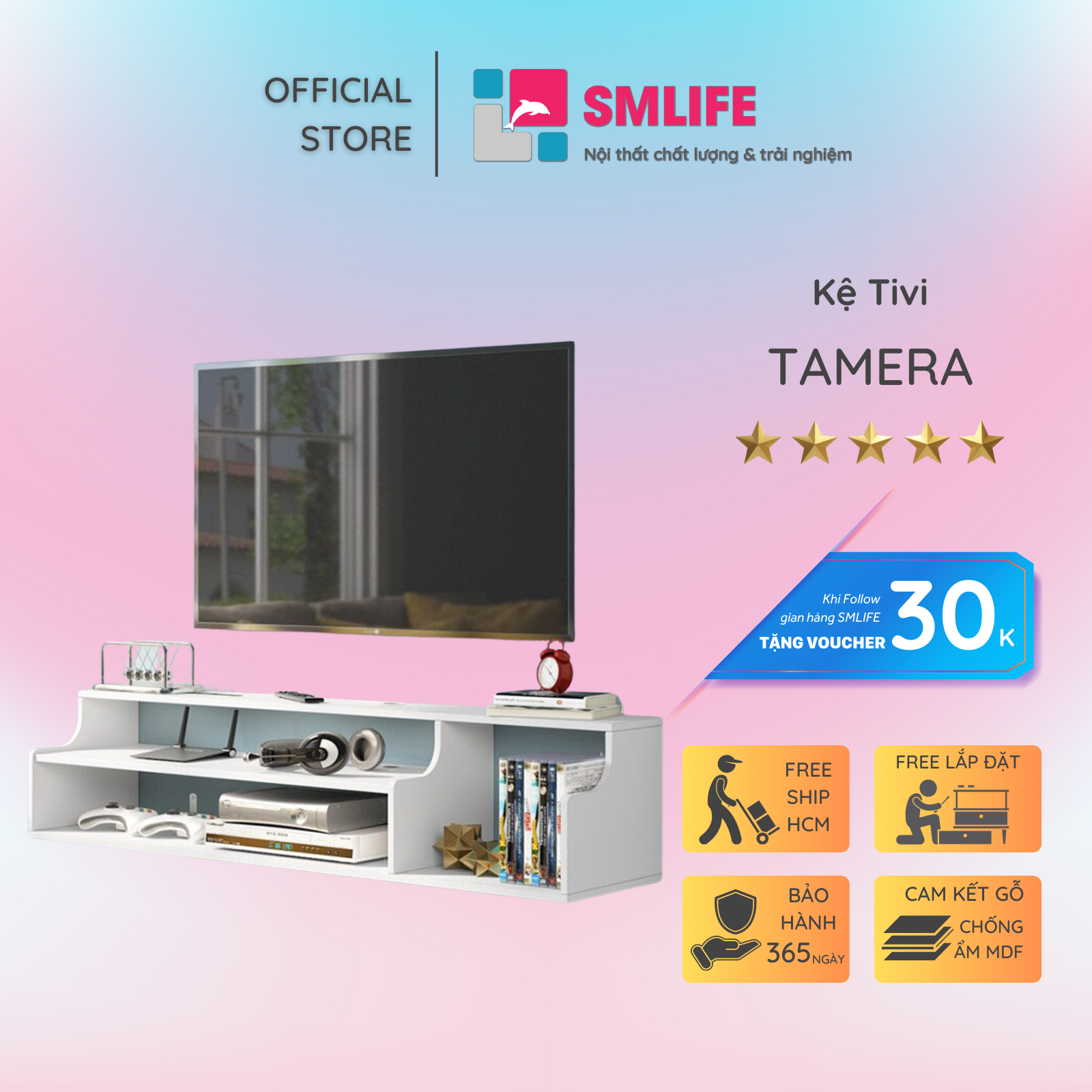 Kệ Tivi gỗ hiện đại SMLIFE Tamera | Gỗ MDF dày 17mm chống ẩm | D120xR30xC30cm