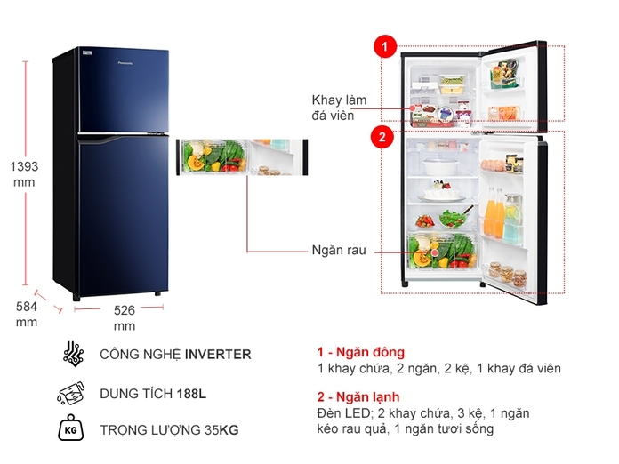 Tủ lạnh Panasonic Inverter 188 lít NR-BA229PKVN - Hàng chính hãng- Giao toàn quốc