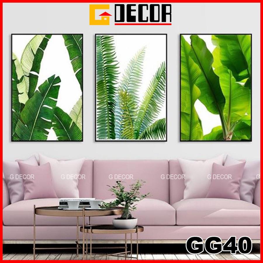 Tranh treo tường canvas 3 bức phong cách hiện đại Bắc Âu 40, tranh lá cây trang trí phòng khách, phòng ngủ, phòng ăn