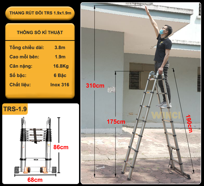 Thang INOX Rút Chữ A, INOX 316 chính hãng WINCI, Win-TRS(X), Có bánh xe, chịu tải tối đa 800kg, Hàng Chính Hãng