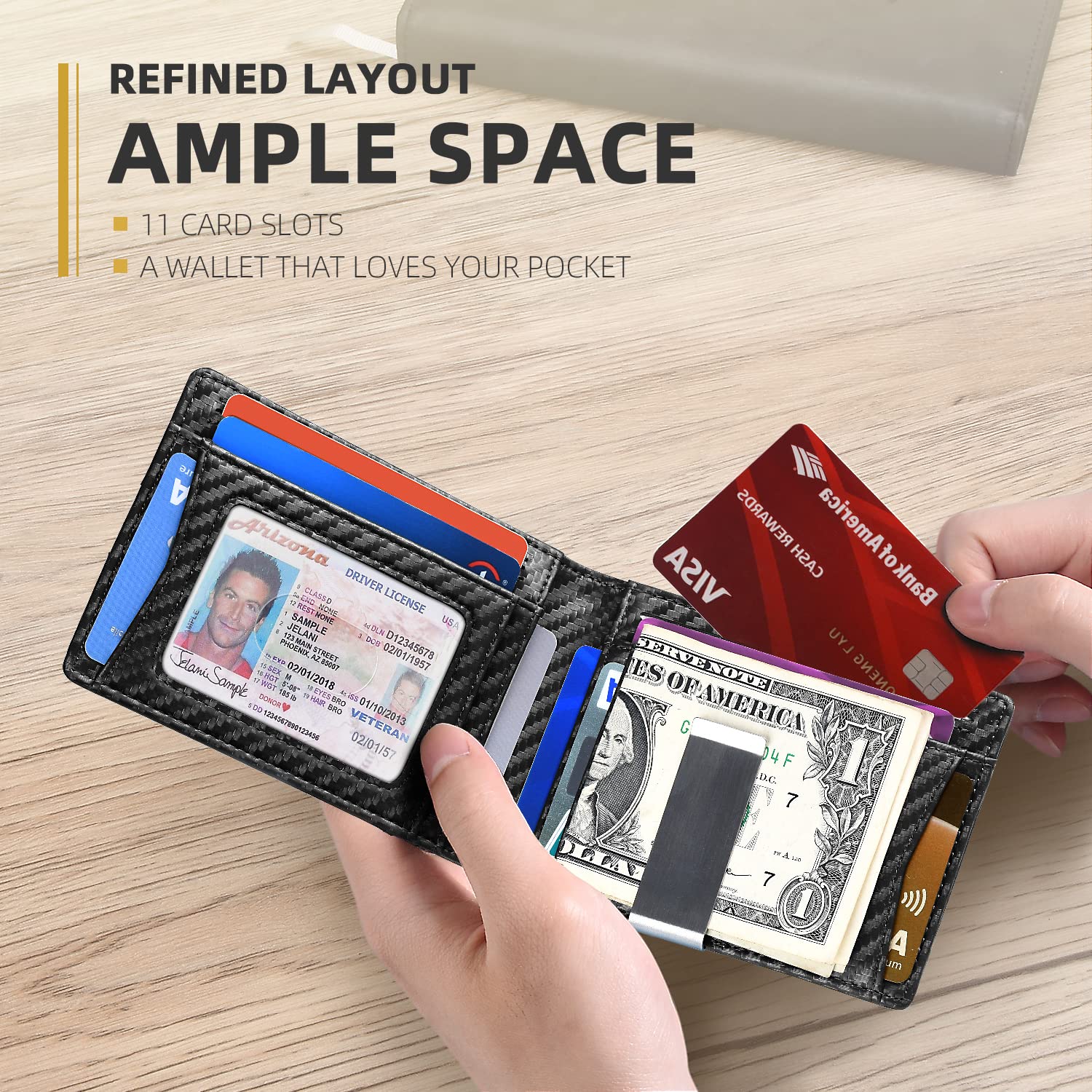 Money Clip Wallet - Ví kẹp tiền da nam đựng thẻ Carbon RFID tối đa đến 15 thẻ