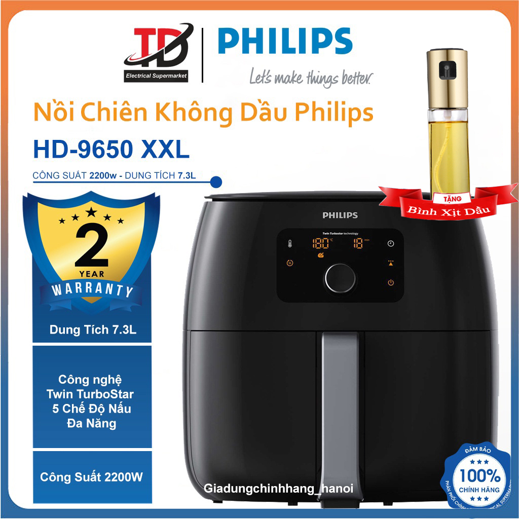 Nồi Chiên Không Dầu Điện Tử Philips Premium HD9650/91, Size XXL 7.3Lit, Công Suất 2200W, Hàng Chính Hãng