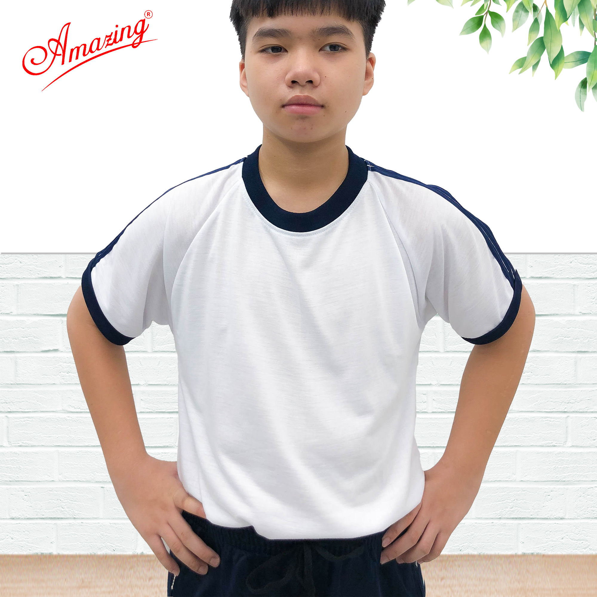 Áo thun thể dục thương hiệu Amazing cho bé trai, cổ bẻ và cổ tròn, đồng phục thể thao cho học sinh nam nữ các cấp