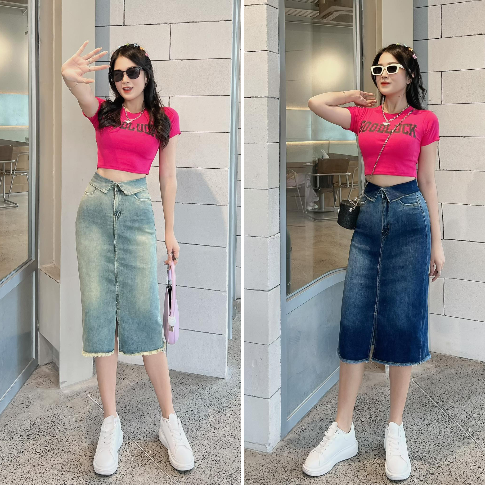 Chân váy Jean Nữ mẫu Suông Basic Midi CV229, Thanh lịch và Trẻ trung phù hợp mặc Công sở & Dạo phố, vải Denim dày co dãn