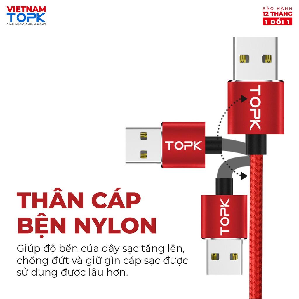 Dây sạc nam châm iPhone Type-C Micro USB TOPK AM23 Vỏ bện nylon dài 1-2m - Đèn LED - Hàng chính hãng