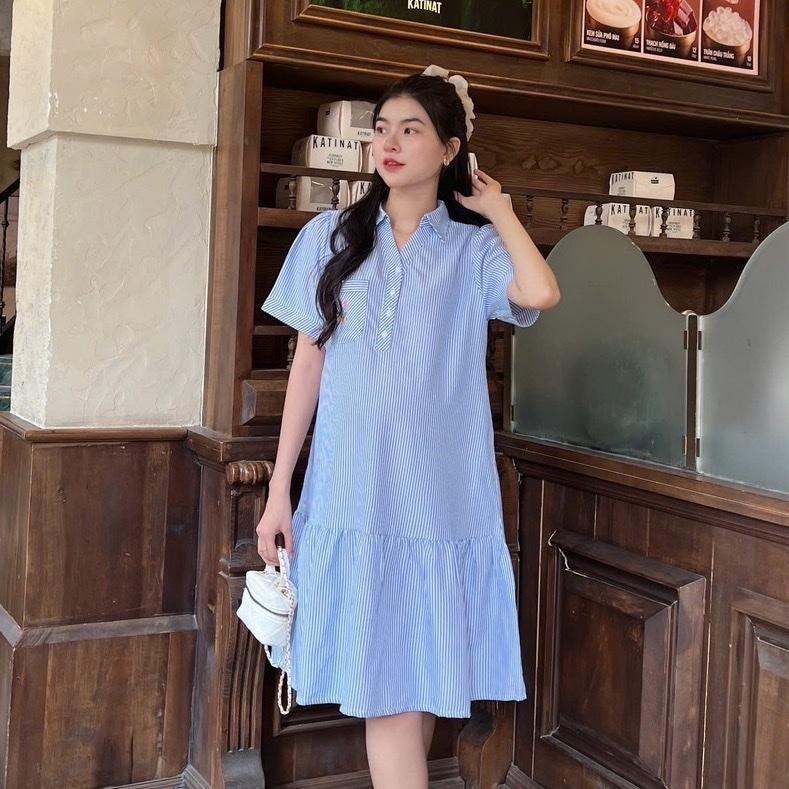 Đầm Bầu Công Sở Cổ Sơ Mi Phối Túi Thêu Phom Đuôi Cá Dễ Thương - Xanh sọc