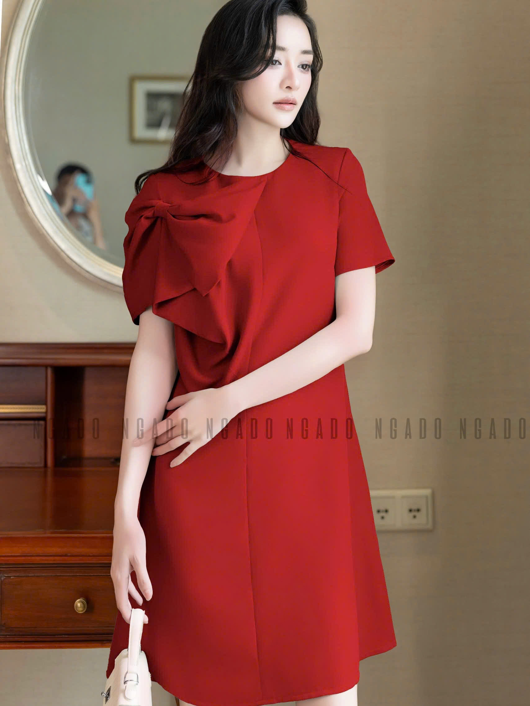 Đầm đỏ nơ tay NGADO , đầm suông , đầm Nữ , đầm công sở, dự tiệc