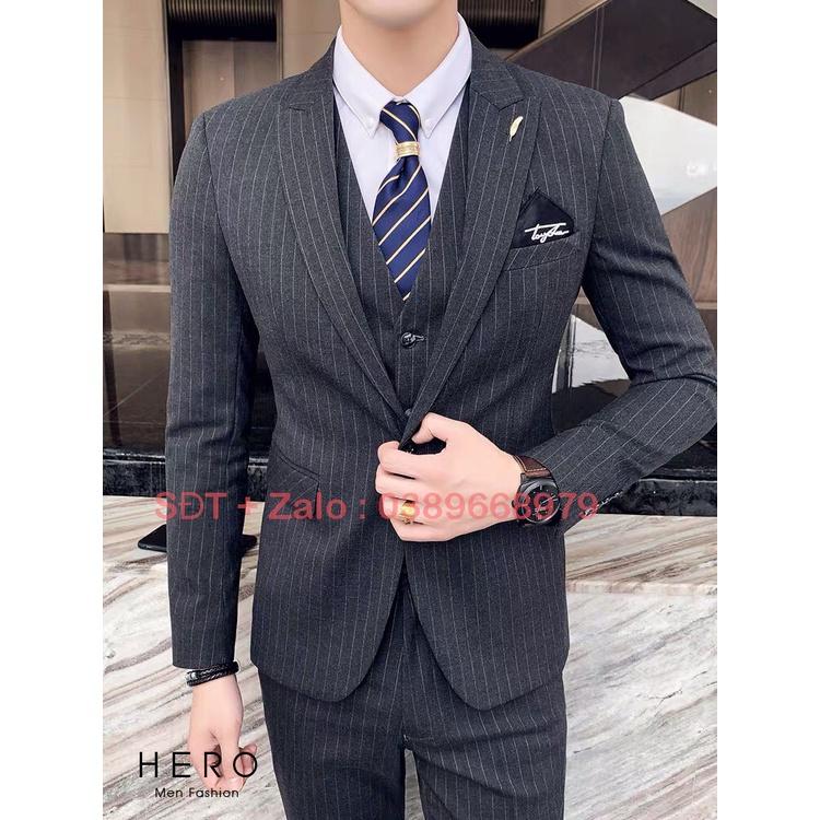 Bộ Vest Nam Hàn Quốc Kẻ Sọc Màu Ghi, Suit Nam 1 Cúc, 6 Cúc Màu ghi, Chất Vải Sịn