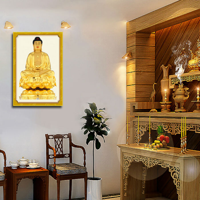 Hình Phật Pháp treo tường trang trí nhà cửa mẫu như lai Phật tổ ngồi trên tọa sen vàng, Tranh Phật Giáo HPV-24