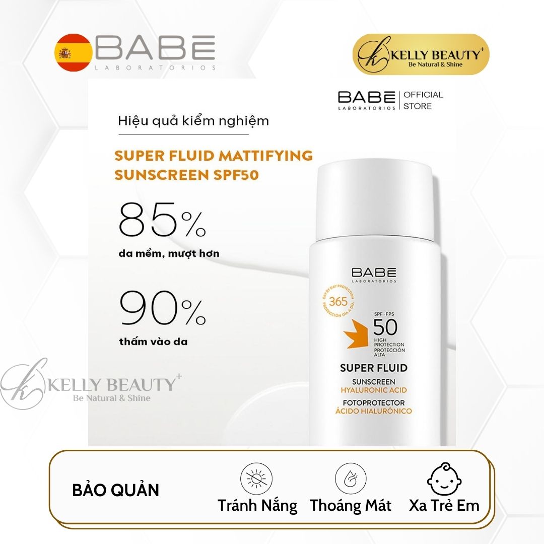 Kem Chống Nắng Dưỡng Ẩm BABE Super Fluid Sunscreen SPF 50 - Chống Tác Hại Tia UVA,UVB; Chống Trôi | Kelly Beauty