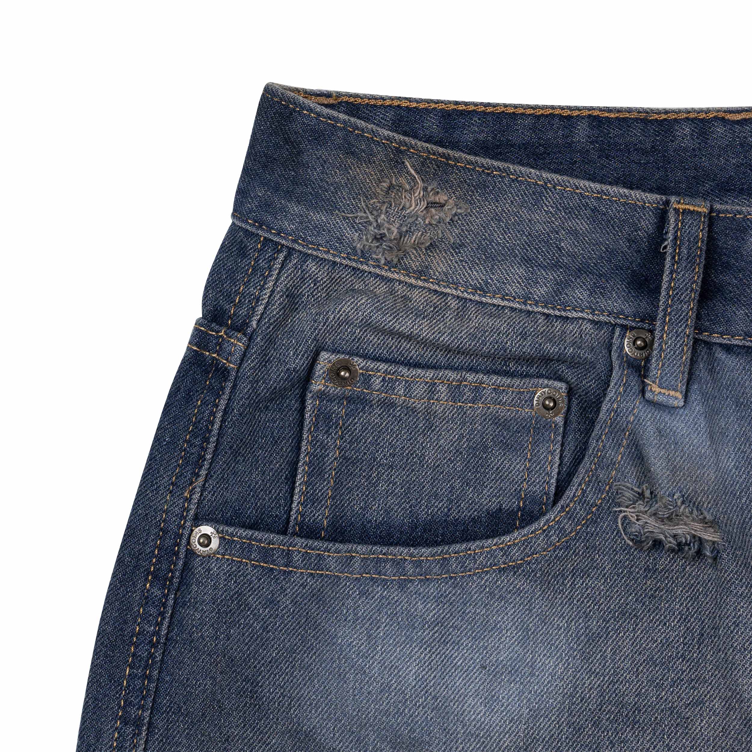 Quần DirtyCoins Distressed Knee Shorts Blue Wash