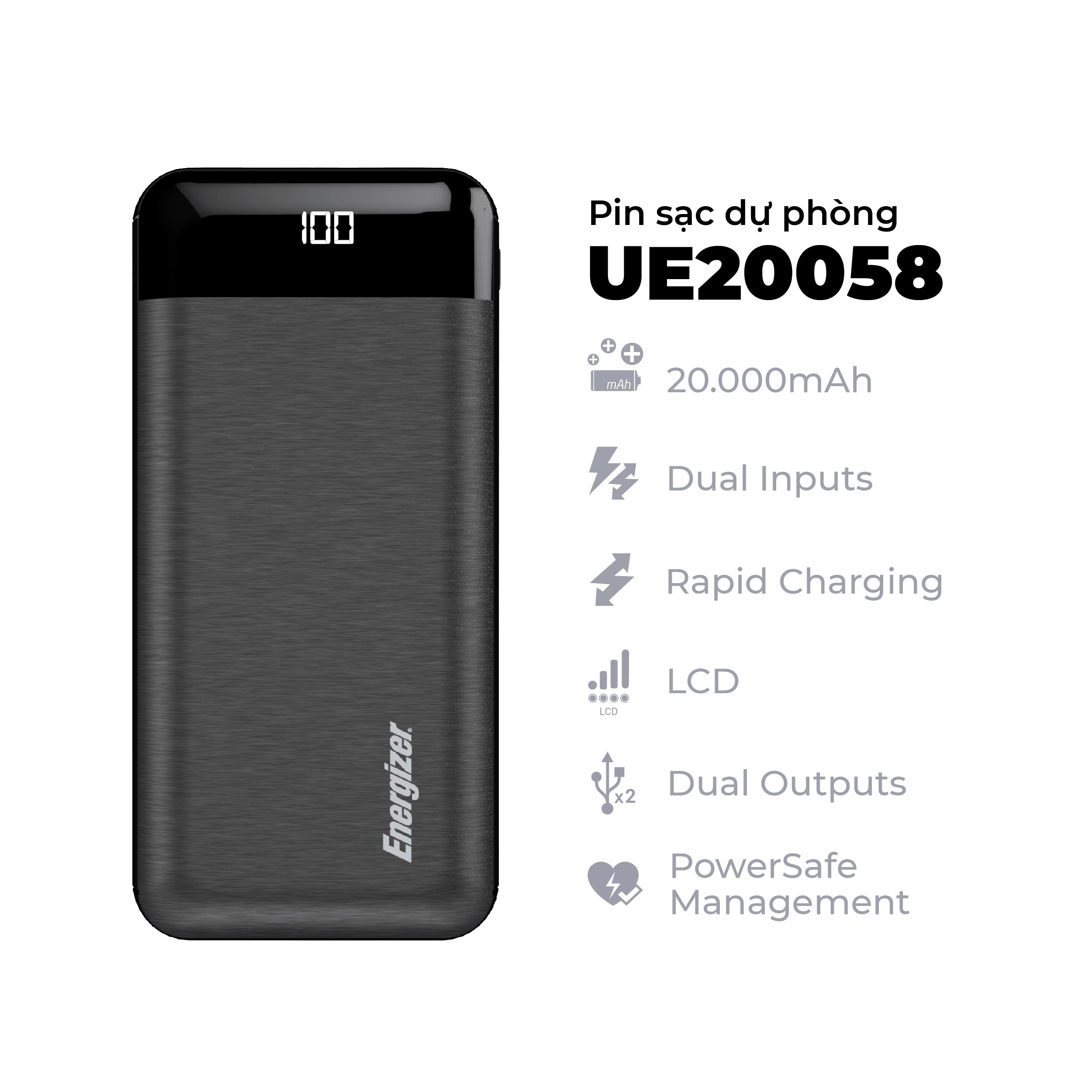 Sạc Dự Phòng Energizer 20000Mah/3.7V Li-Polymer-UE20058BK - Hàng chính hãng