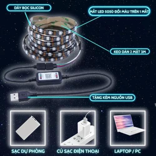 Đèn LED dây 5V dài 5m RGB 16 triệu màu điều khiển qua ĐIỆN THOẠI - CHỐNG NƯỚC IP65 - NHÁY THEO NHẠC kết nối bằng USB