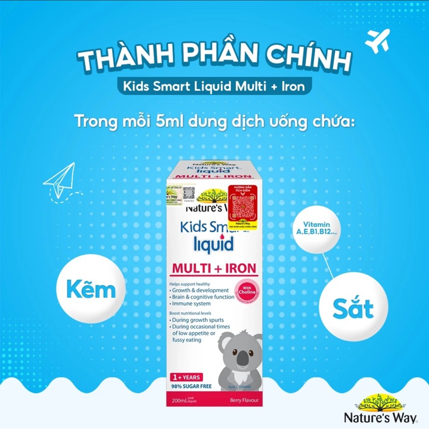 Siro bổ sung sắt, kẽm và vitamin tổng hợp cho bé Nature's Way Kids Smart Liquid Multi + Iron 200ml