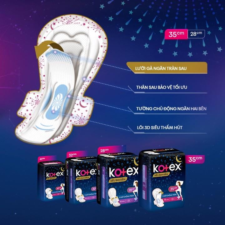 Combo 4 Băng Vệ Sinh Có Cánh 28cm Kotex Siêu Ban Đêm 9 Giờ Chống Tràn 12 miếng