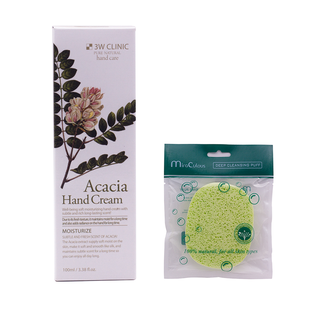 Kem dưỡng da tay thảo mộc Hàn Quốc cao cấp 3W Clinic Acacia Hand Cream (100ml) + Tặng Bông bọt biển massage mặt Hàn Quốc Mira Culous – Hàng Chính hãng