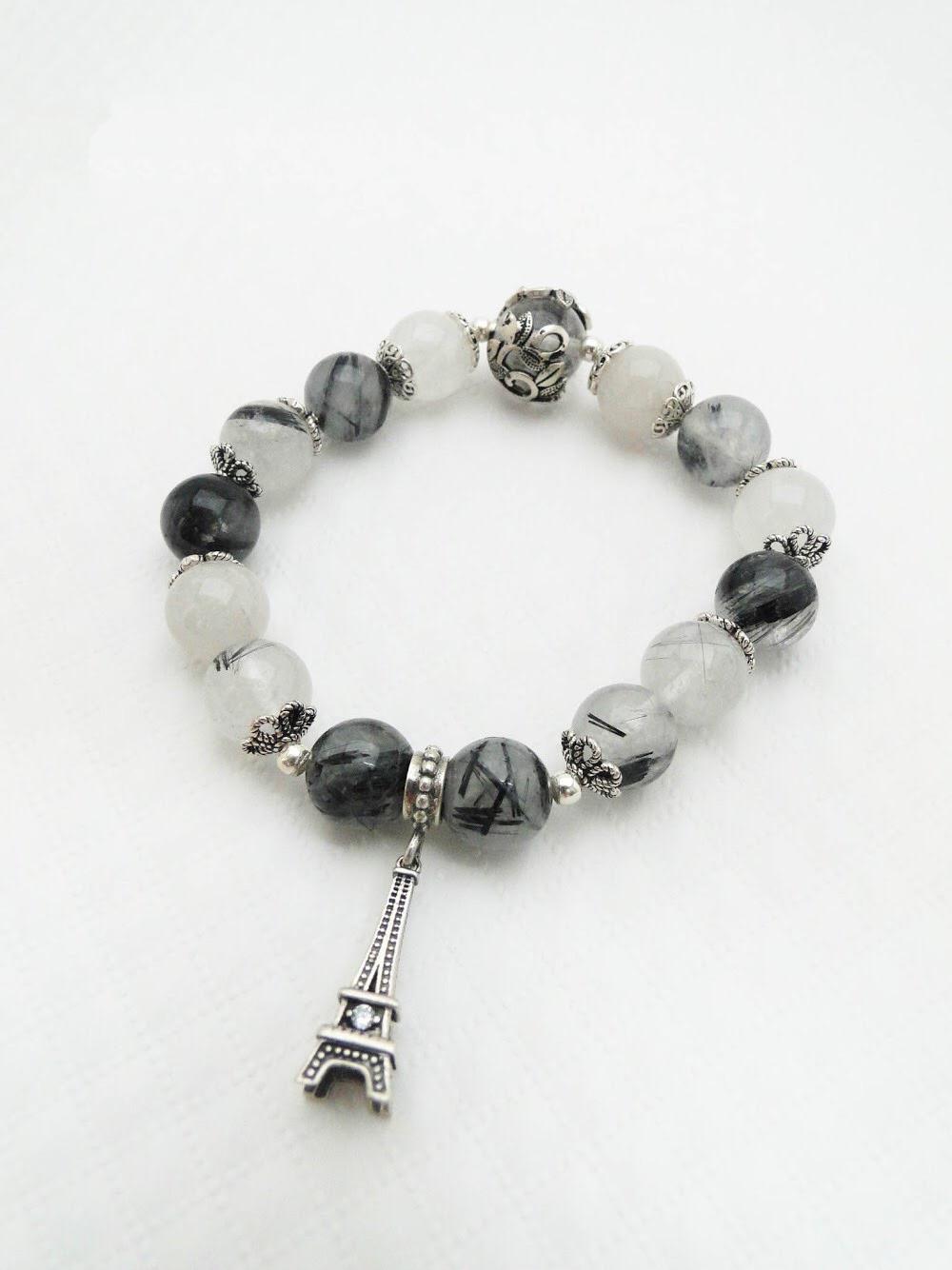 Vòng tay phong thủy đá Thạch Anh Tóc Đen 10 ly mix Charm Bạc 925