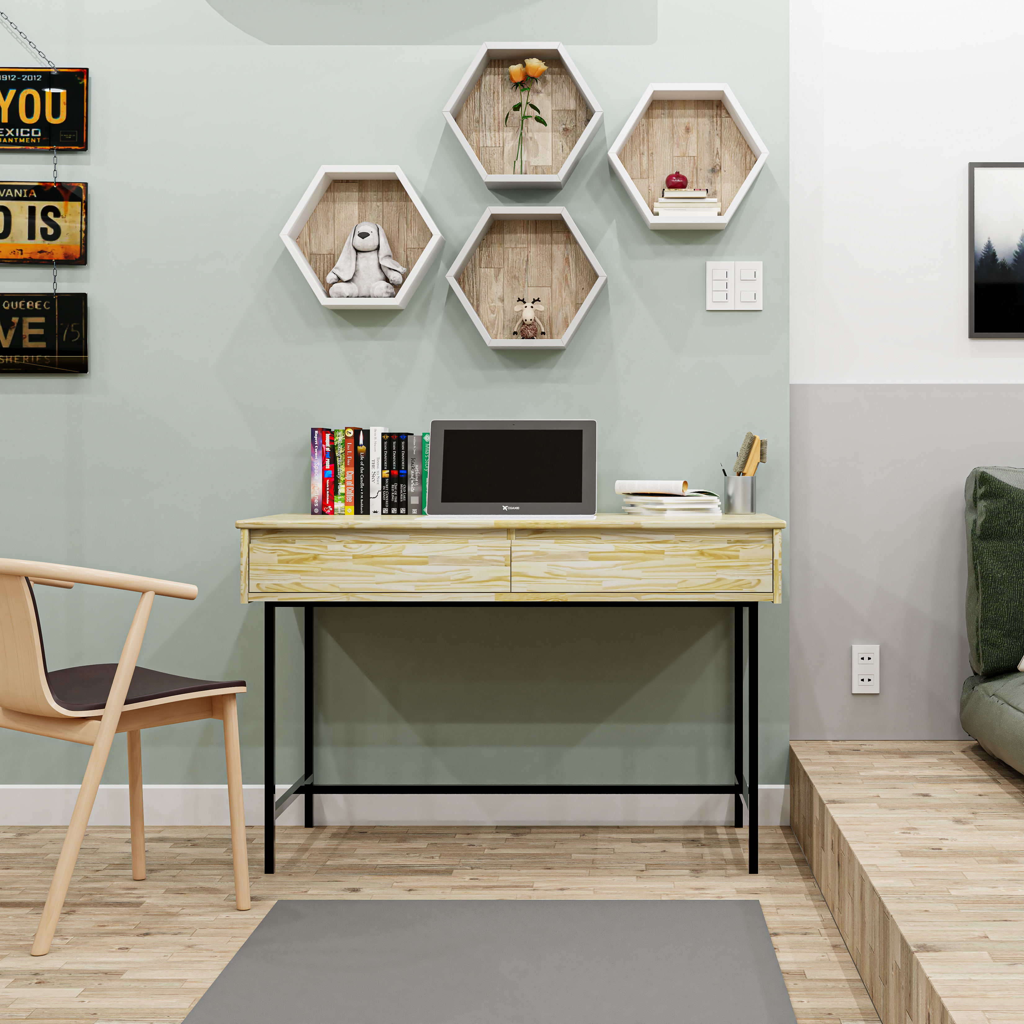 HAPPY FURNITURE , Gỗ tự nhiên , Bàn làm việc 2 ngăn kéo - GALI , BAN_095 , 120cm x 60cm x 78cm