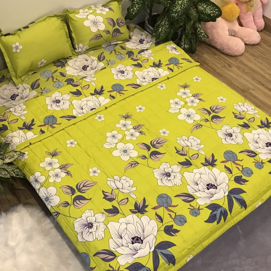 Set 5 món chăn hè ga chun Cotton Poly - Vàng Xanh - Tặng kèm 1 móc khóa Houston