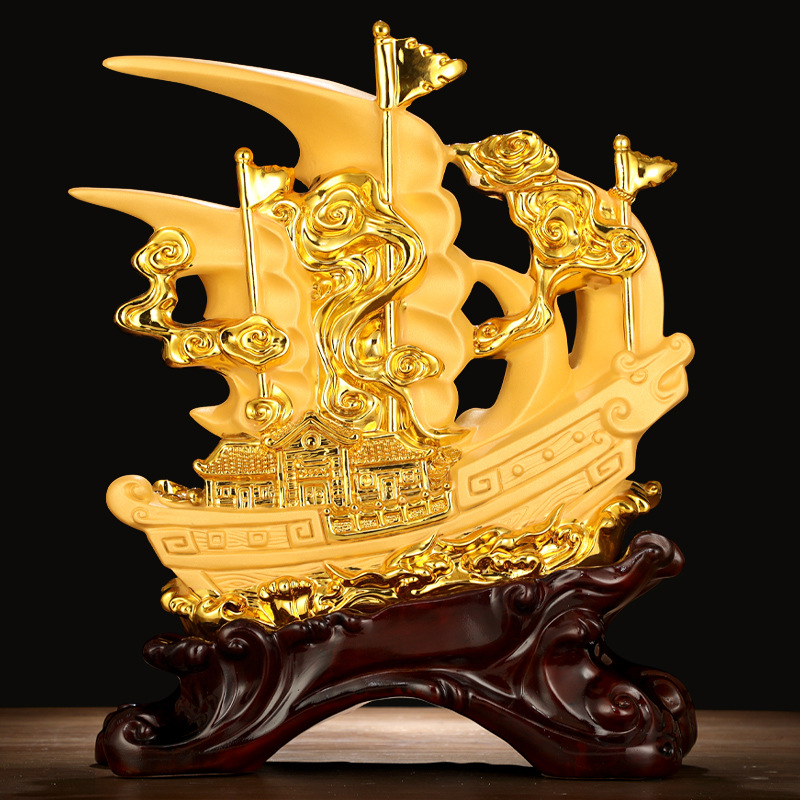 Thuyền buồm Rồng phong thủy chở tài lộc xi vàng Giàu có Quà tặng Đồ trang trí