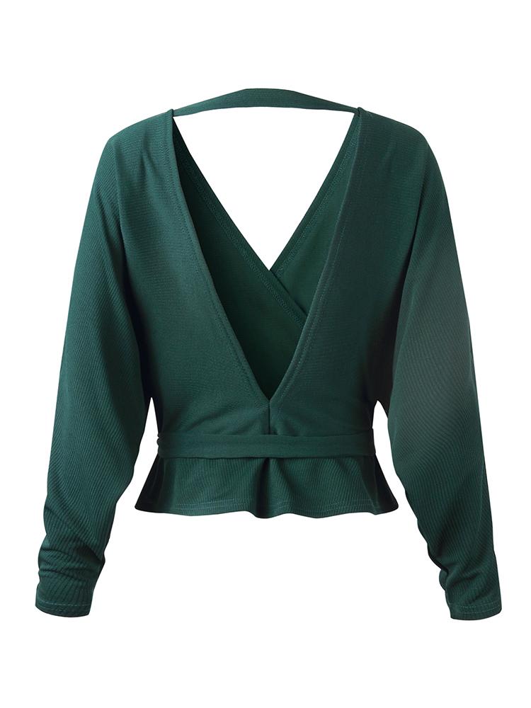 New Sexy Women Winter Sweater Solid Color Deep V Neck Backless Tie Waist Spring Fall Knitwear