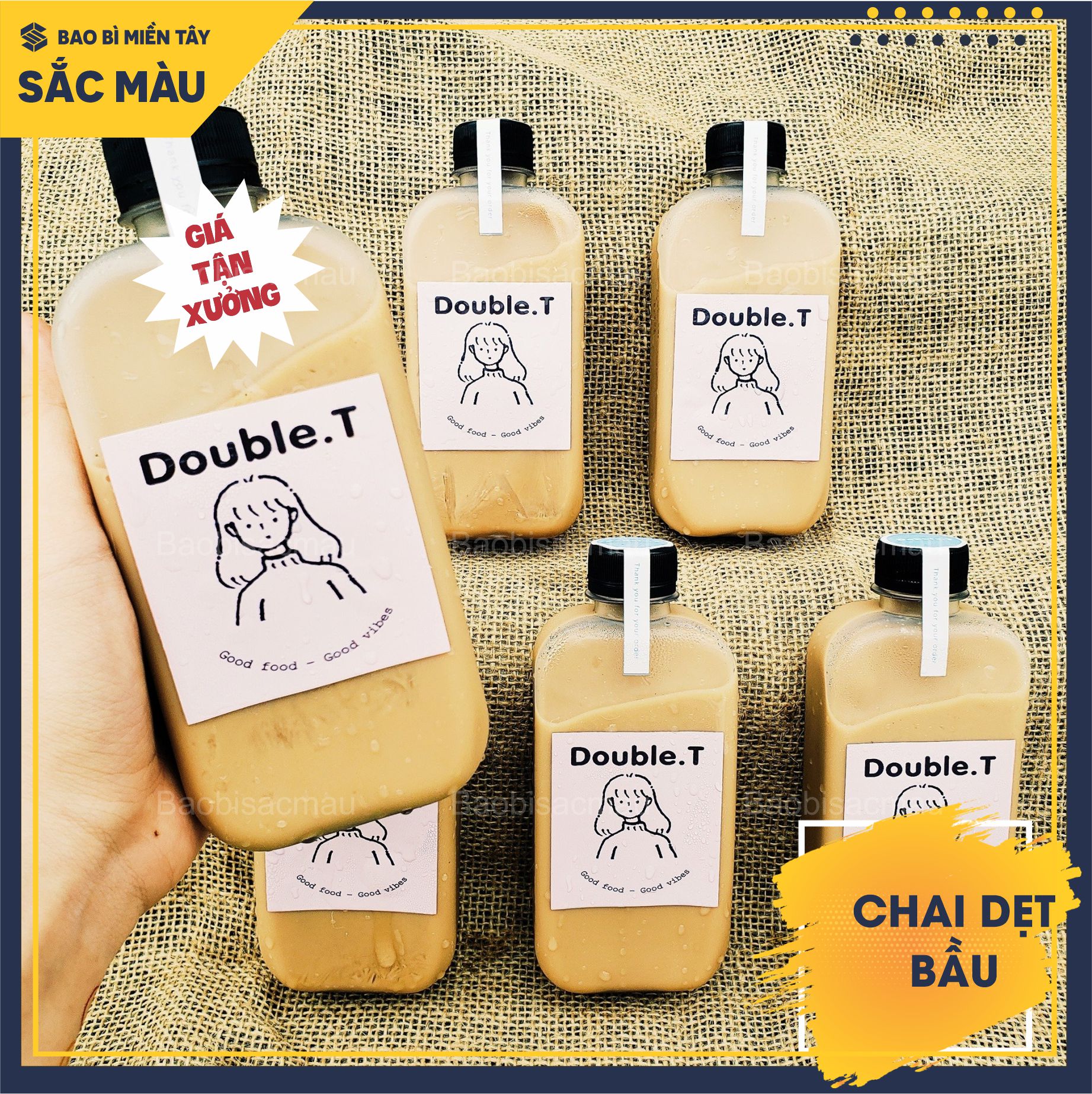 Combo 10 chai nhựa dẹt bầu 330ml đựng trà sữa, nước ép, chai dày, chắc chắn...