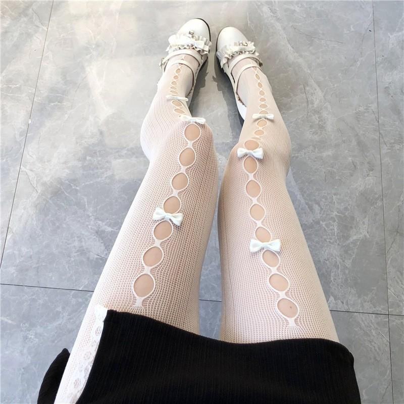 Quần tất/ vớ quần REN LƯỚI ĐÍNH NƠ DỌC phong cách lolita thoáng mát, cá tính, cosplay phong cách, thời gian hot.trend cho Nữ Women