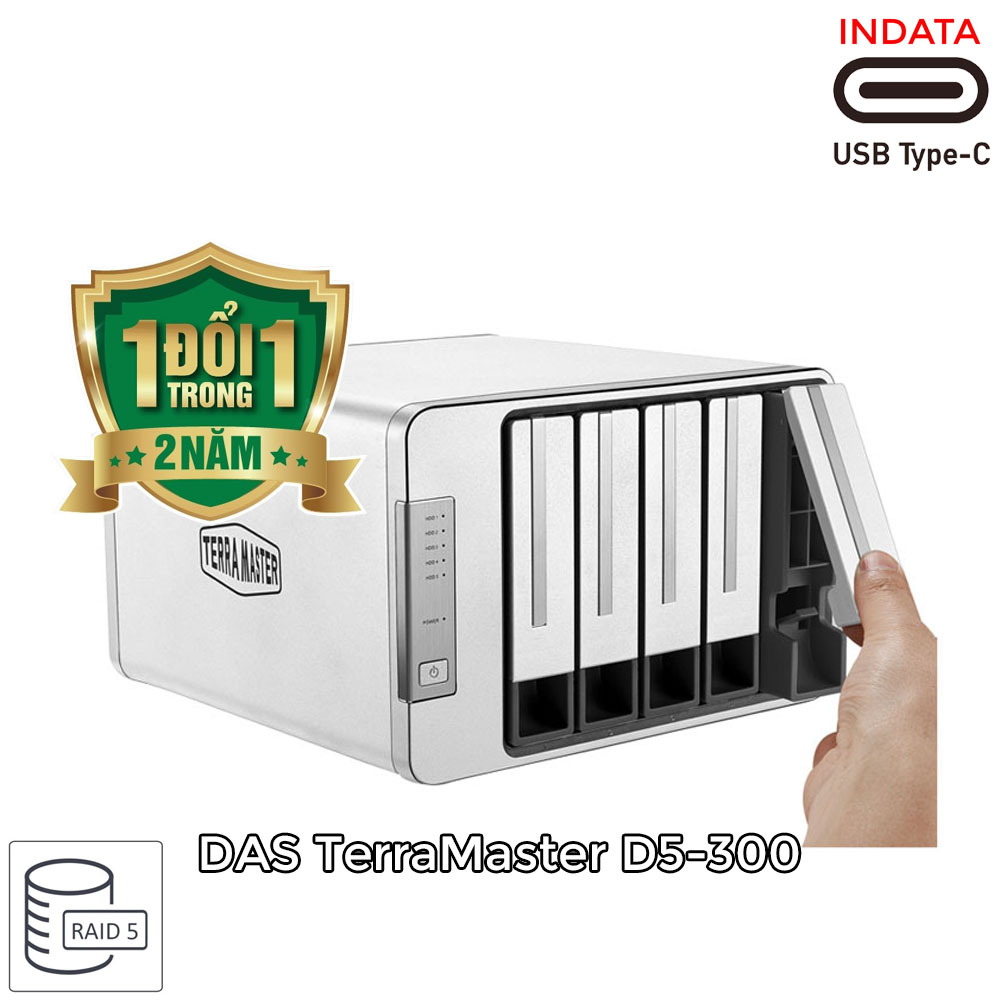 Bộ lưu trữ dữ liệu DAS TerraMaster D5-300, USB-C 3.0 SuperSpeed, 210MB/s, 5 khay ổ cứng RAID 0,1,5,10,CLONE,JBOD,Single - Hàng chính hãng