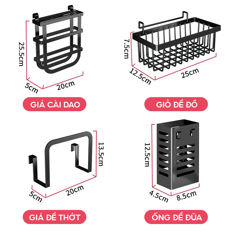 Ống Đựng Đũa Thìa Thoáng Khi Cài Lên Kệ Chén Bát Đĩa Thép Carbon Đen VANDO