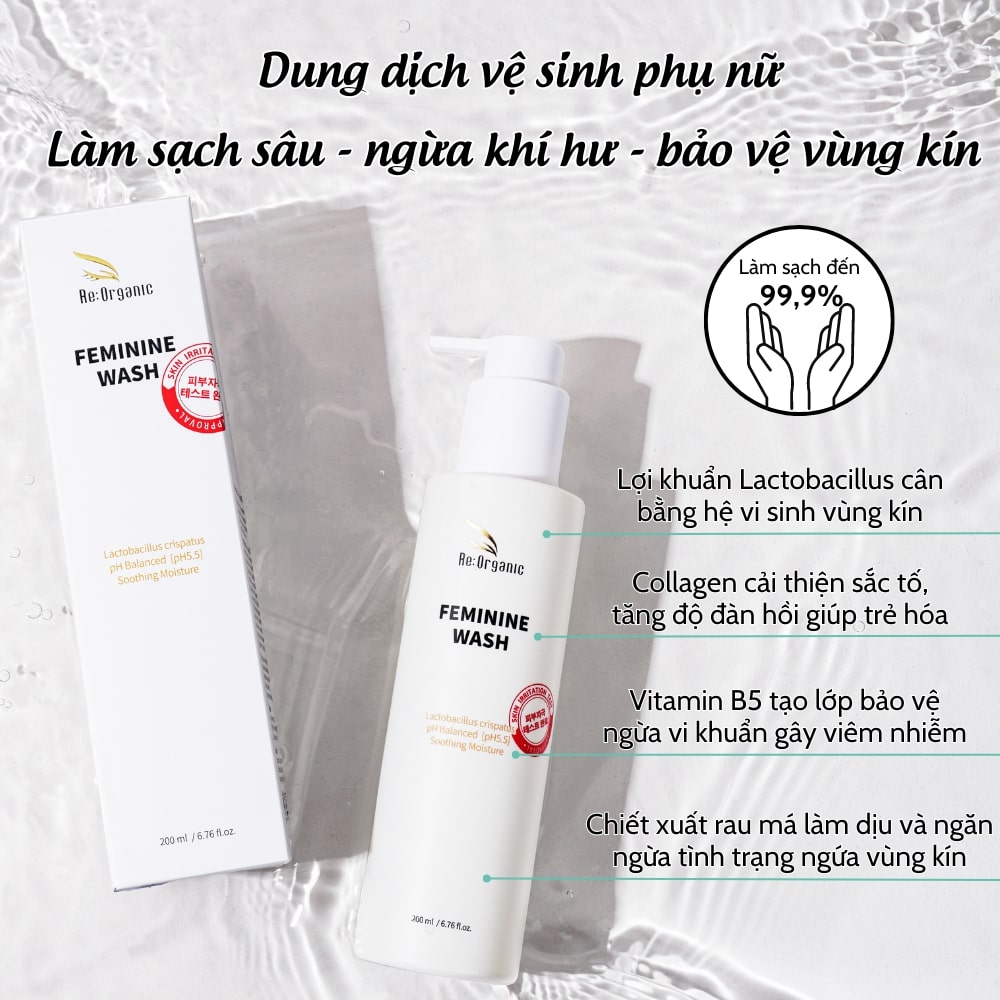 Dung dịch vệ sinh phụ khoa làm sạch khử mùi ngăn ngừa viêm nhiễm dành cho Nam giới Re:Organic Feminine Wash 200ml