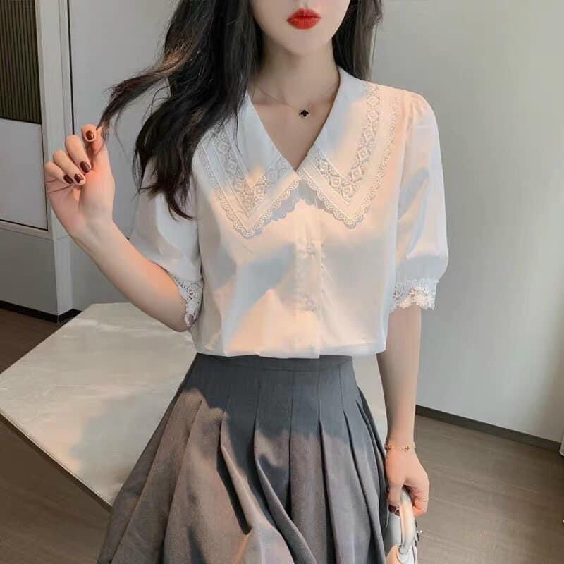 Áo sơ mi phối ren tay lỡ cổ cách điệu hàng thiết kế