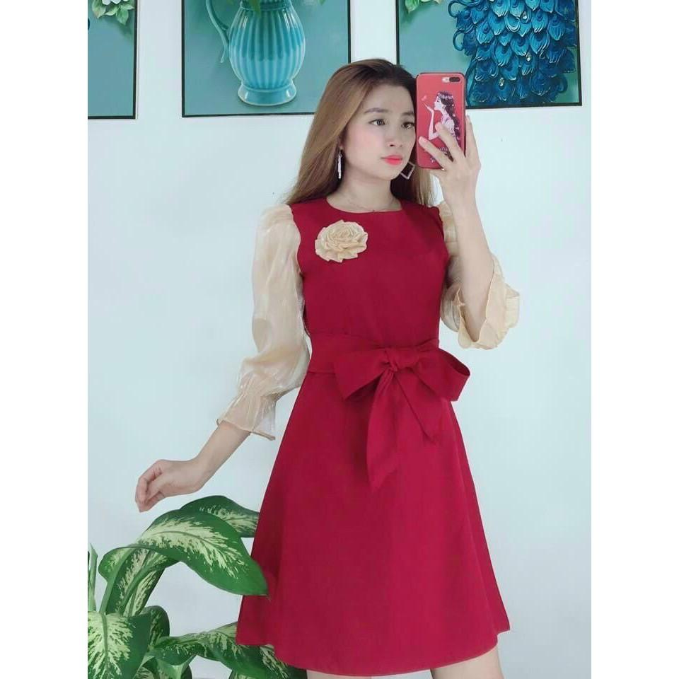 Đầm xoè tiểu thư cột nơ eo phối tay voan tơ