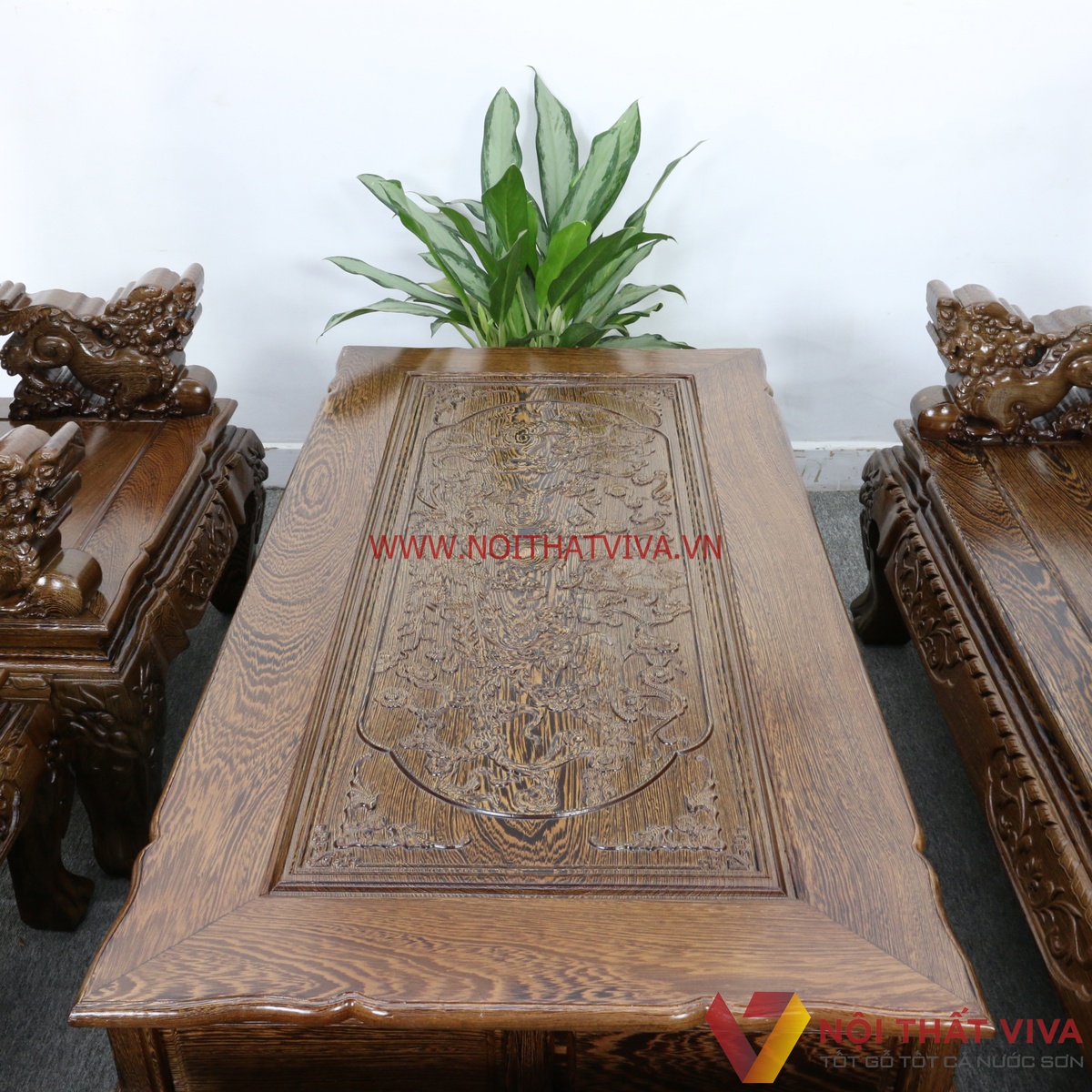 Bộ Bàn Ghế Salon Gỗ Mun Tay 10 Chạm Nghê 6 Món Cao Cấp Sang Trọng