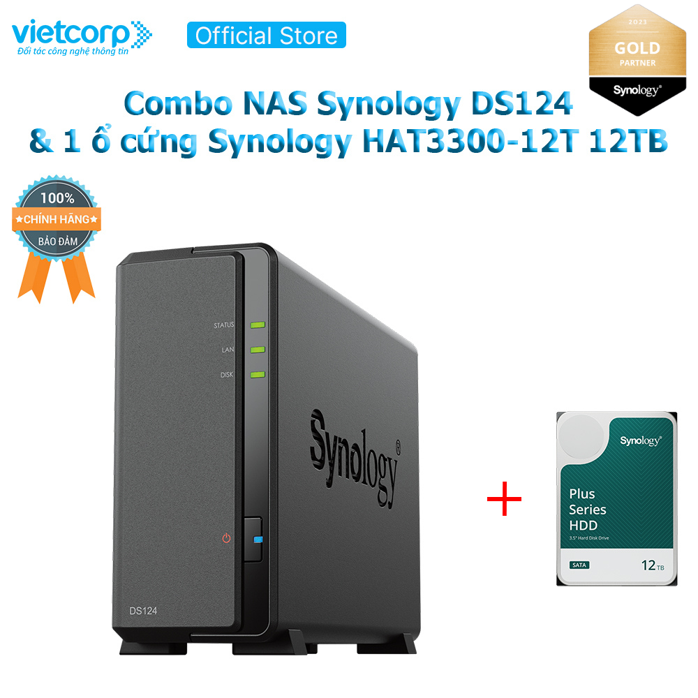 Combo Thiết bị lưu trữ NAS Synology DS124 và 1 Ổ cứng Synology HAT3300-12T Hàng Chính Hãng