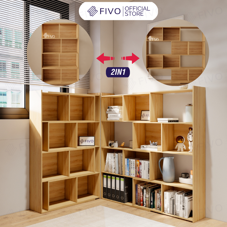 Kệ Sách Để Sàn 2IN1 Mẫu FIVO FB72, Chất Liệu Gỗ Cao Cấp, Có Thể Đóng Mở Tùy Thích Kèm Thanh Chịu Lực Chắc Chắn - 4 Tầng